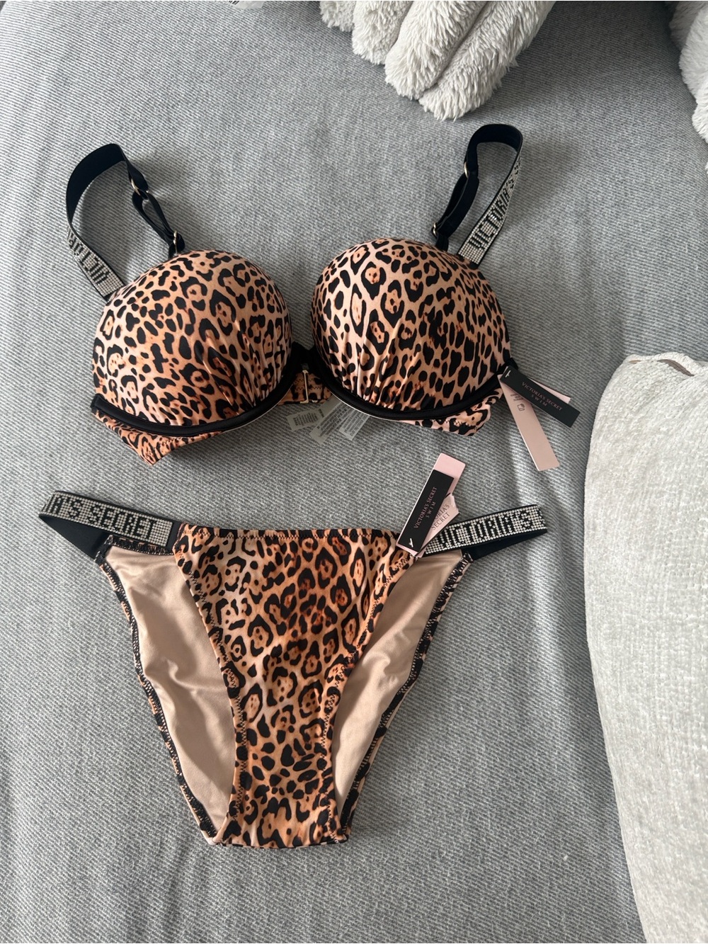 Victoria's Secret Leopard Print Bra with Rhinestone Logo Strap